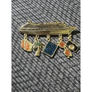 Vintage Gold‎ Tone Cruise Ship with Dangle Travel Charms Brooch